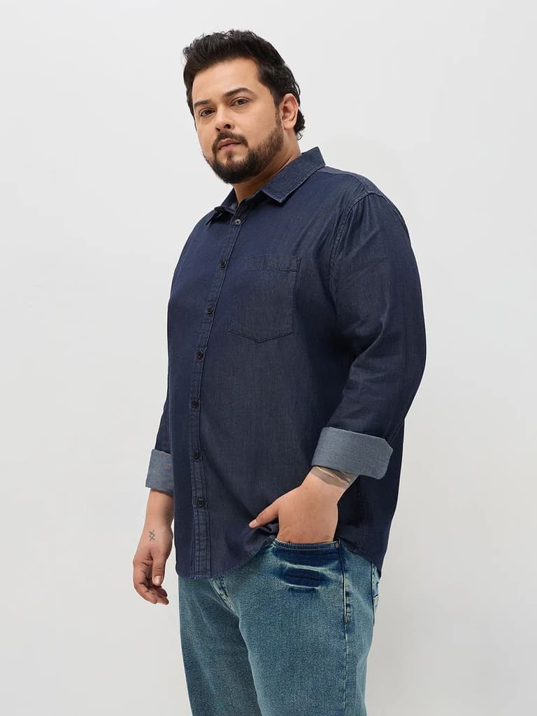 Plus Men's Dark Blue Regular Fit Full Sleeve Solid Denim Shirt — photo 3