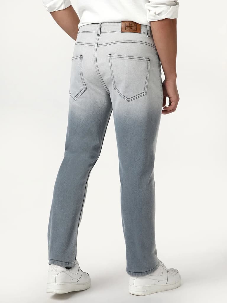 Men's Grey Straight Fit Heavy Washed Faded Denim Jeans Stretchable — photo 4