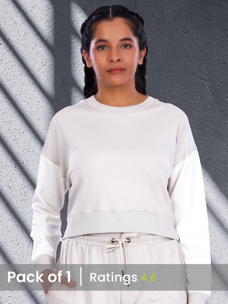 Ecru & White Colourblock Crop Sweatshirt — Beige / XS-S