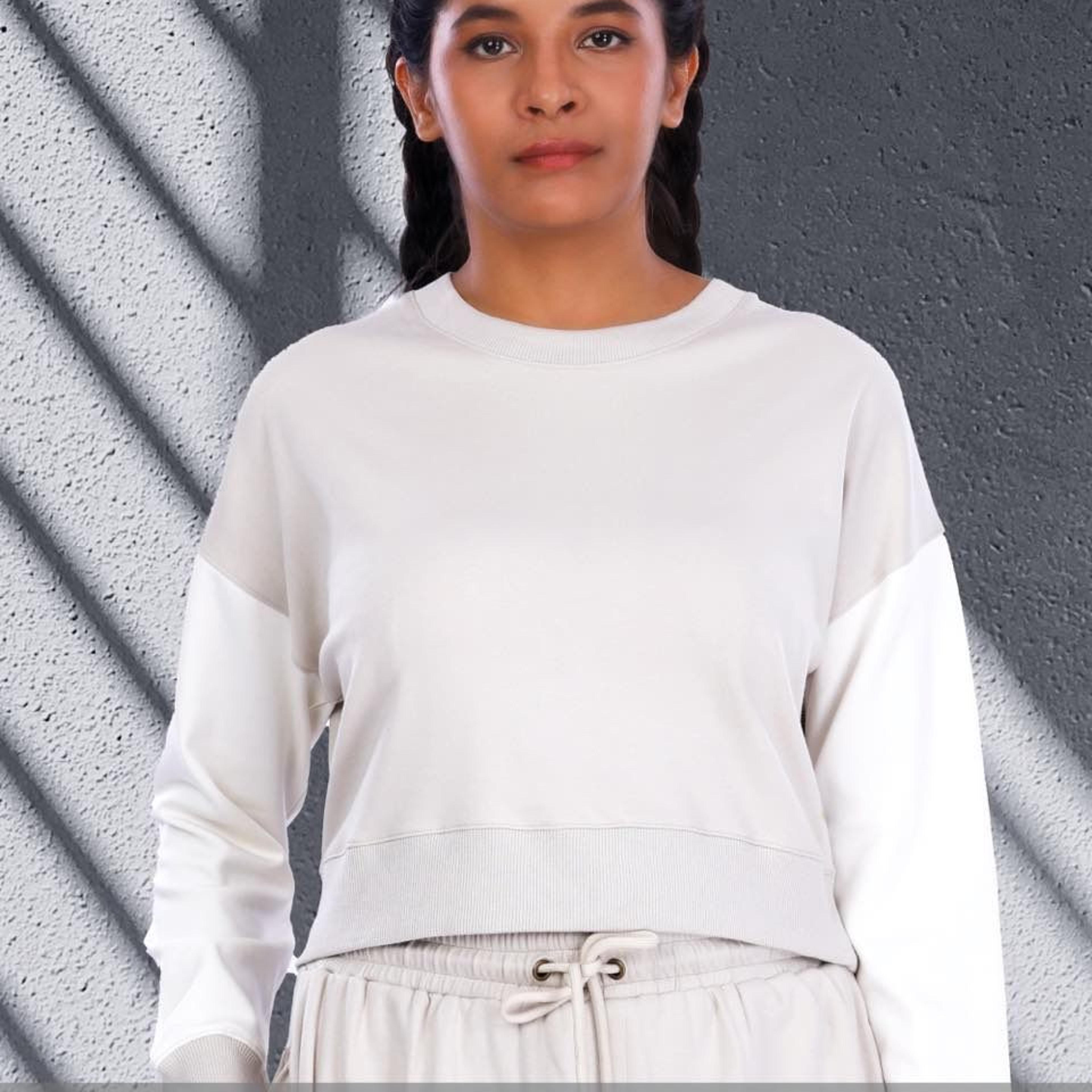 Ecru & White Colourblock Crop Sweatshirt