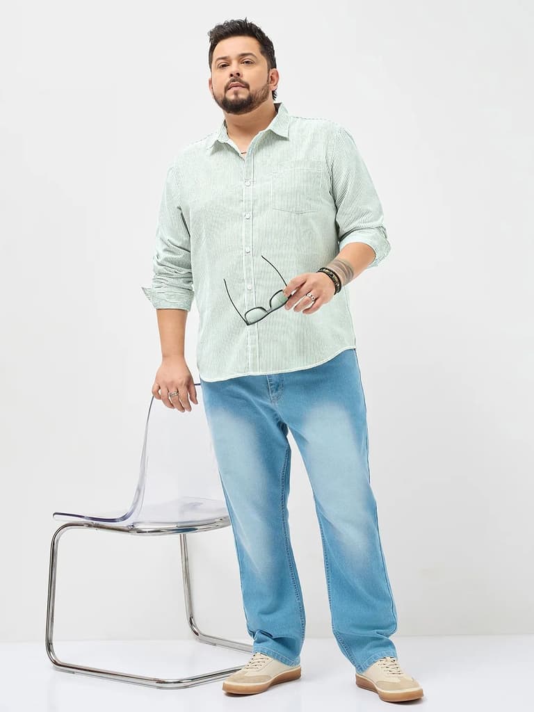Plus Men's Light Green Cotton Full Sleeve Regular Fit Casual Striped Shirt — photo 5