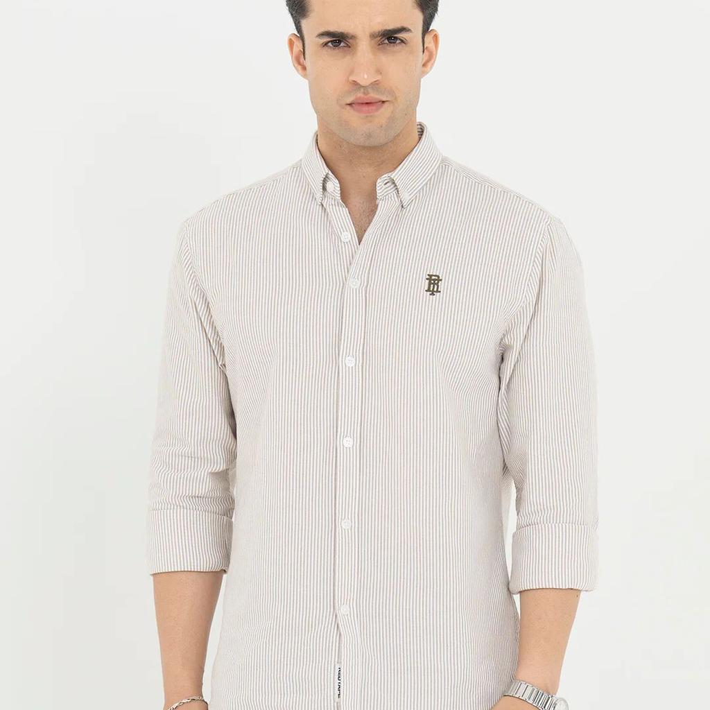 Shirts for Men in Tan | Striped Oxford Full Sleeve Casual Shirt