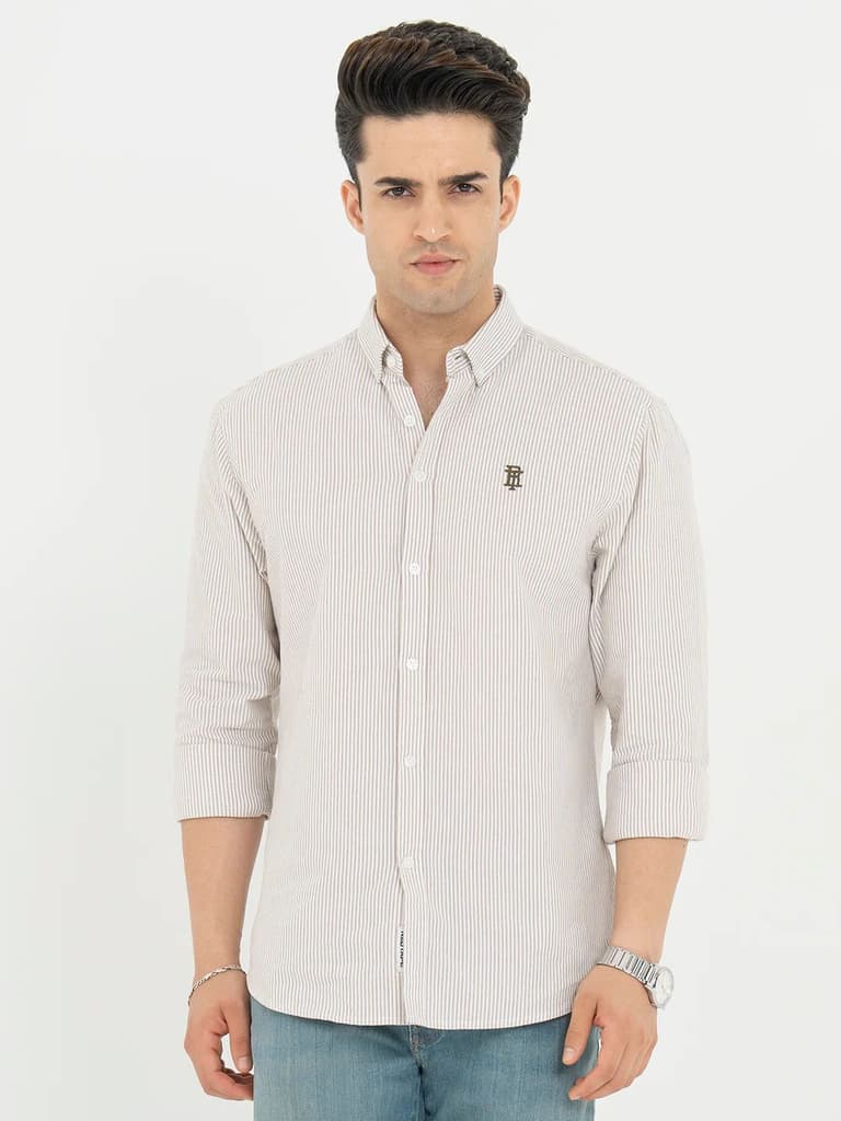 Shirts for Men in Tan | Striped Oxford Full Sleeve Casual Shirt — S / Tan