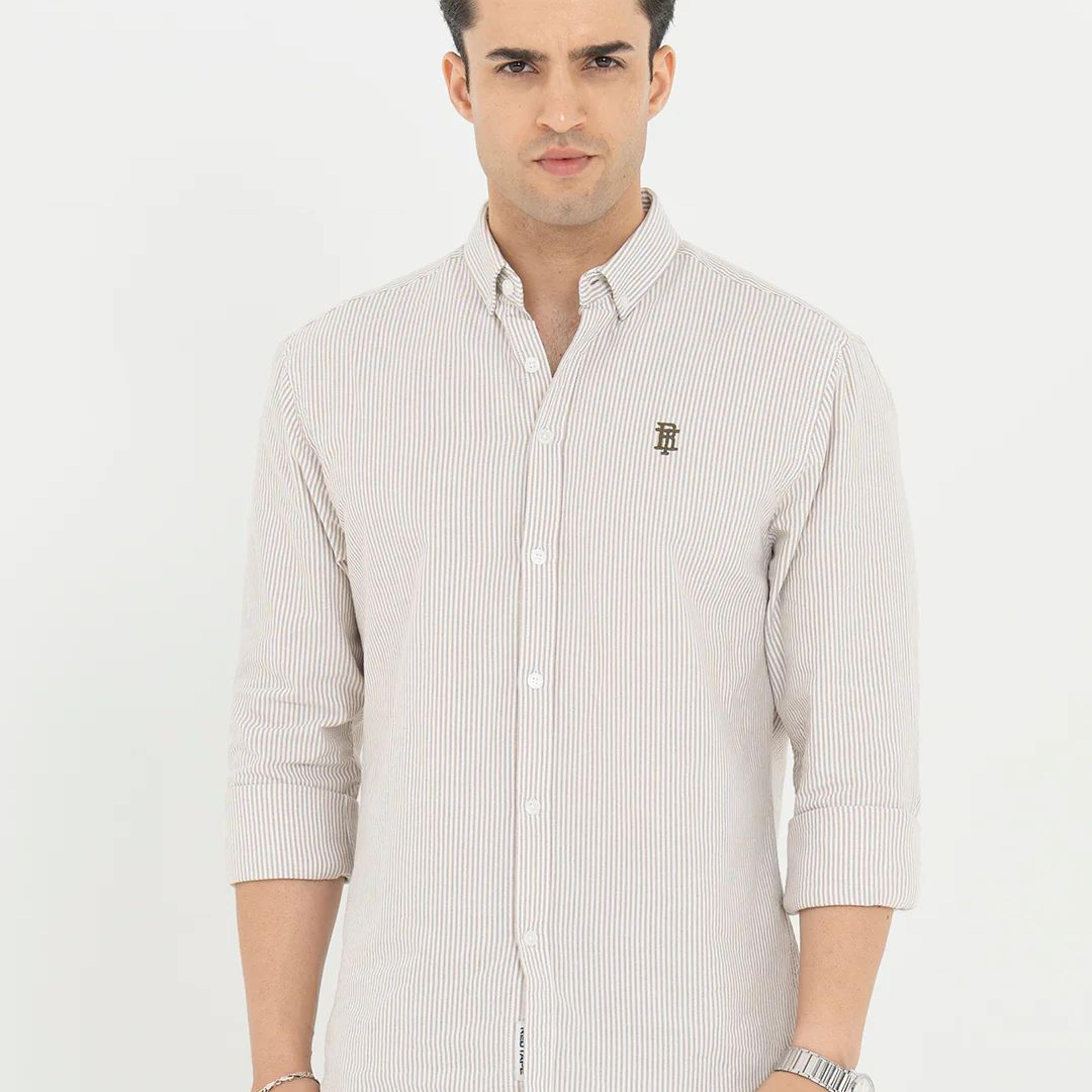 Shirts for Men in Tan | Striped Oxford Full Sleeve Casual Shirt
