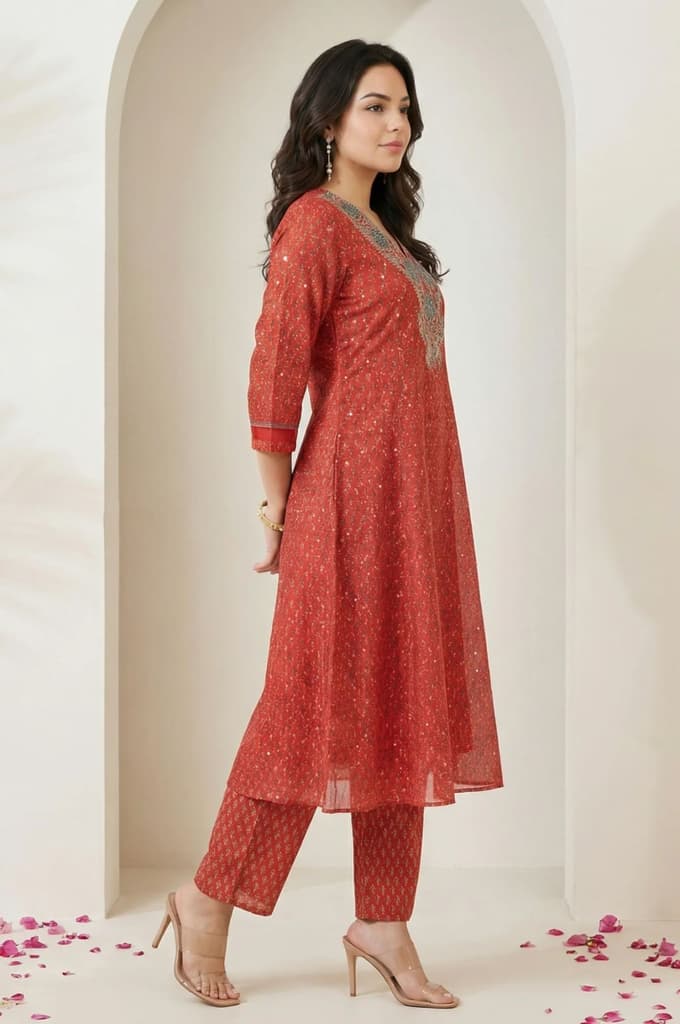 Red Floral Printed Sequins Chanderi Straight Kurta with Straight Pants and Dupatta Set — photo 6