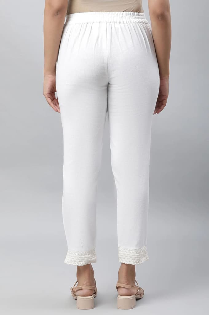 White Solid Straight Fit Cotton Trousers With Embroidered Hemline — photo 3