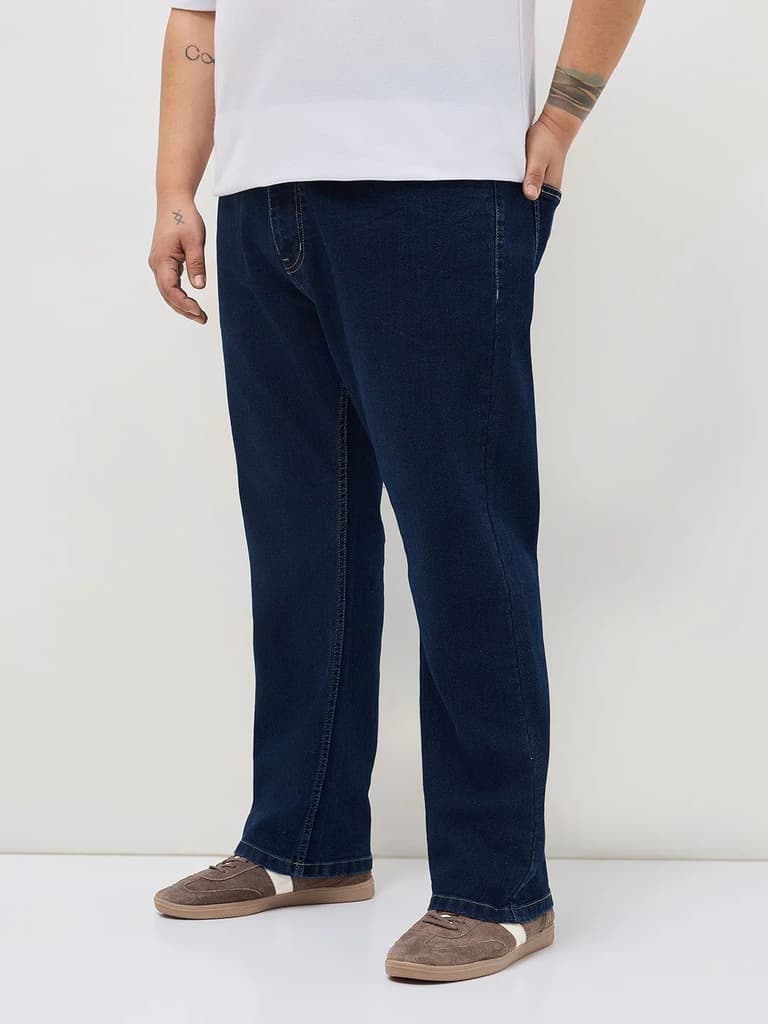 Plus Men's Blue Straight Fit Raw Washed Denim Jeans Stretchable — photo 3