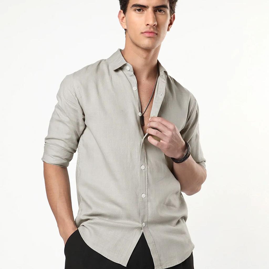 Men's Grey Linen Blend Full Sleeve Relaxed Fit Casual Solid Shirt