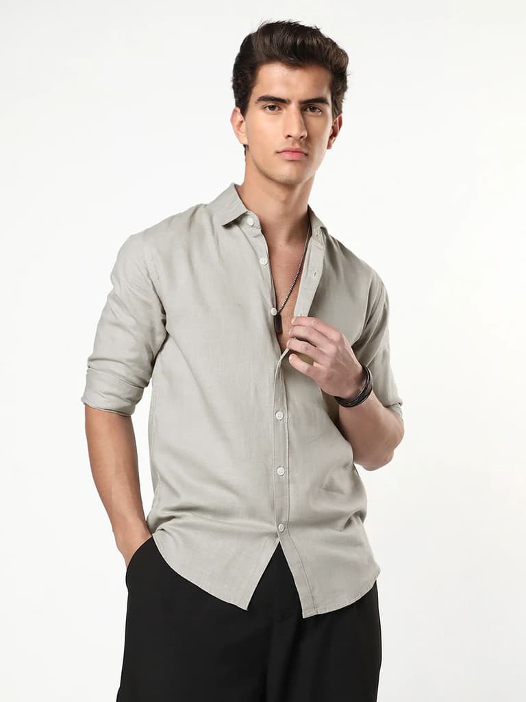 Men's Grey Linen Blend Full Sleeve Relaxed Fit Casual Solid Shirt — S / Grey