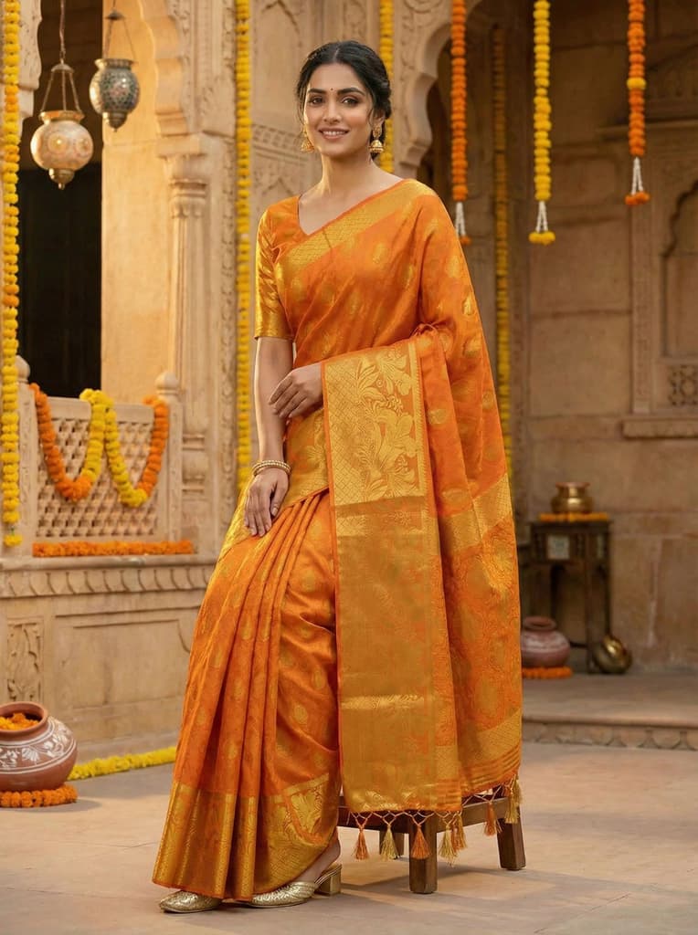 MIMOSA Women's Woven Design Kanjivaram Style Art Silk Saree with Blouse Piece - Mustard ( SA00003143MSFREE ) — photo 4