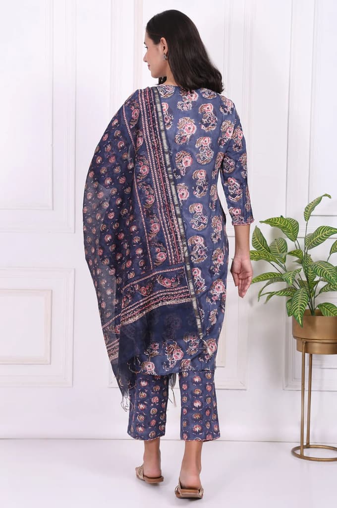Blue Floral Printed Pure Cotton Straight Kurta, Pants and Dupatta Set — photo 5