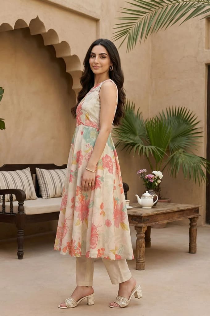 Cream Floral Printed Tissue Crepe Sleeveless Anarkali Kurta with Straight Pants and Dupatta Set — photo 3