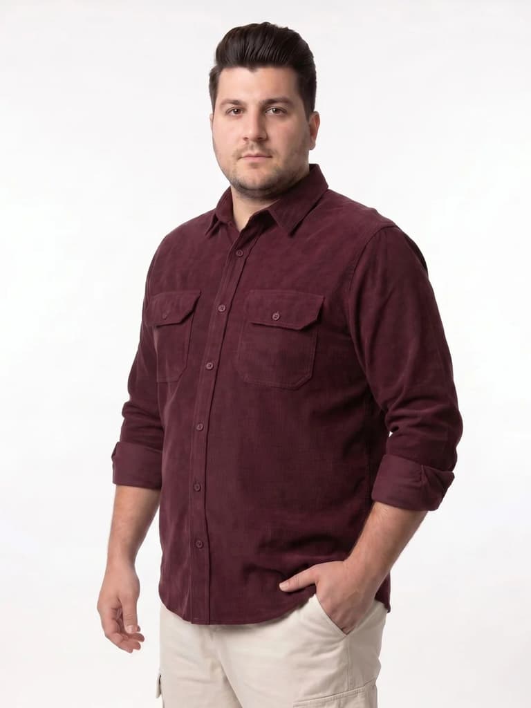 Plus Men's Maroon Corduroy Full Sleeve Regular Fit Solid Overshirt with Utility Pockets — photo 2