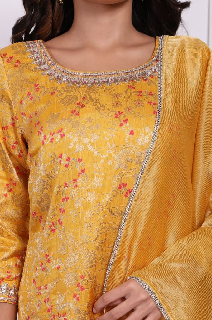 Yellow Embroidered Straight Jacquard Kurta with Sharara and Dupatta Set — photo 3