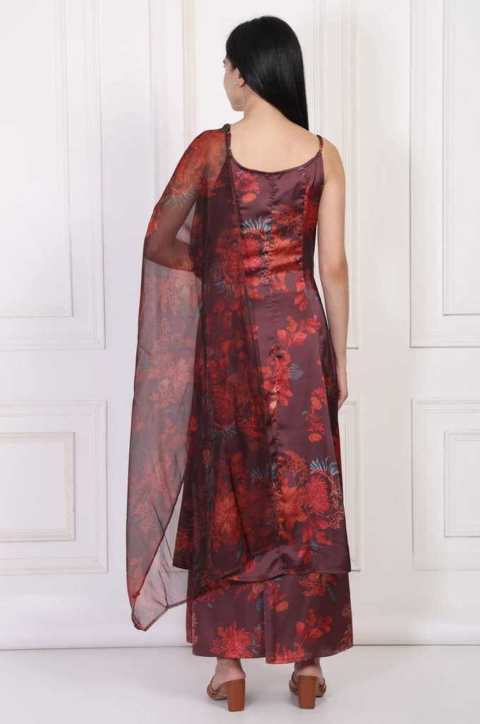 Maroon Floral Printed Sequined A-Line Satin Kurta with Flared Pant and Dupatta Set — photo 5