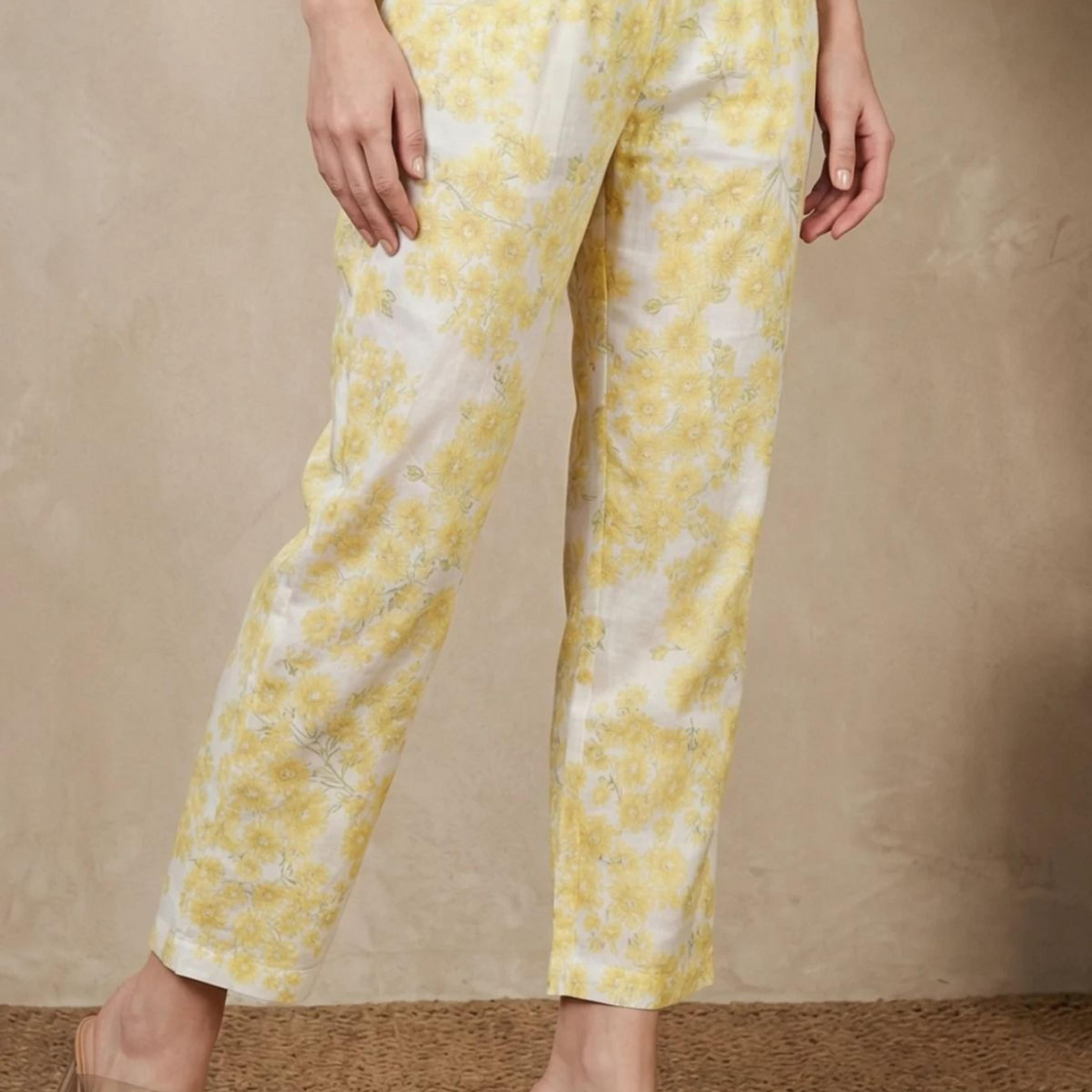Yellow Floral Printed Pure Cotton Ankle Length Straight Pants