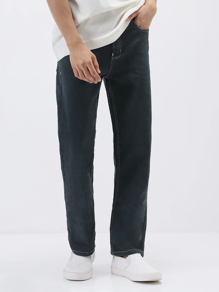 Men's Dark Grey Straight Fit Washed Jeans Stretchable — photo 2