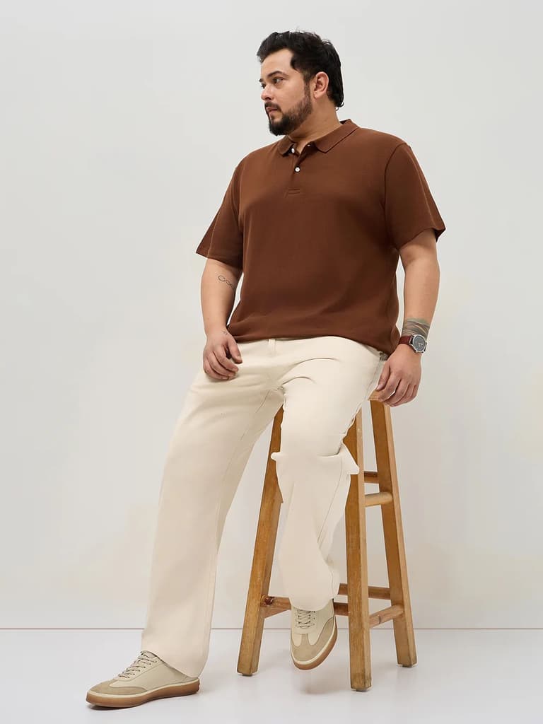 Plus Men's Cream Straight Fit Mid Rise Cotton Casual Chinos Trousers Stretch — photo 4