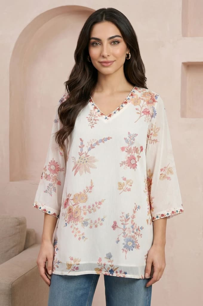 Off White Embroidered Chiffon Straight Top — photo 6