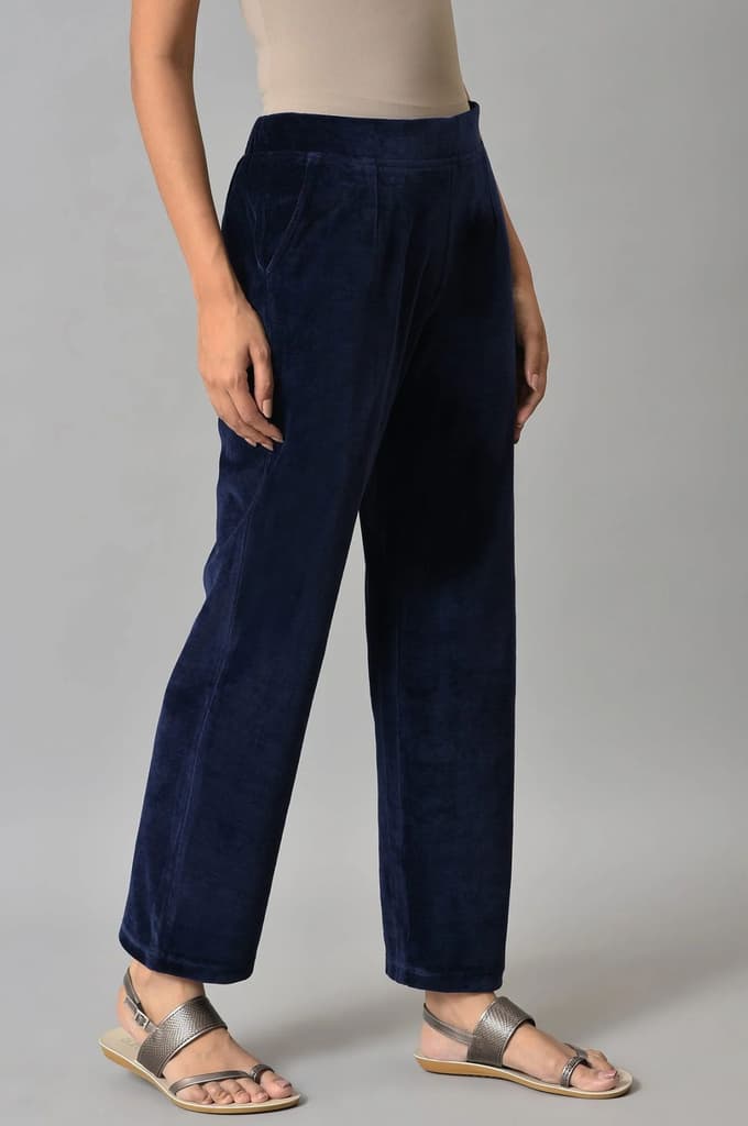 Navy Blue Solid Straight Fit Cotton Trousers With Elasticated Waist — photo 4