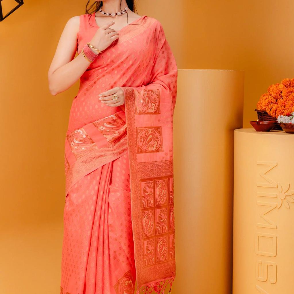 Mimosa Women's Woven Design Banarasi Style Art Silk Saree With Blouse Piece : SA00001807GJFREE