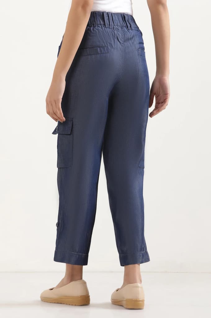 Blue Solid Straight Fit Lyocell Pants With Six Pockets — photo 4