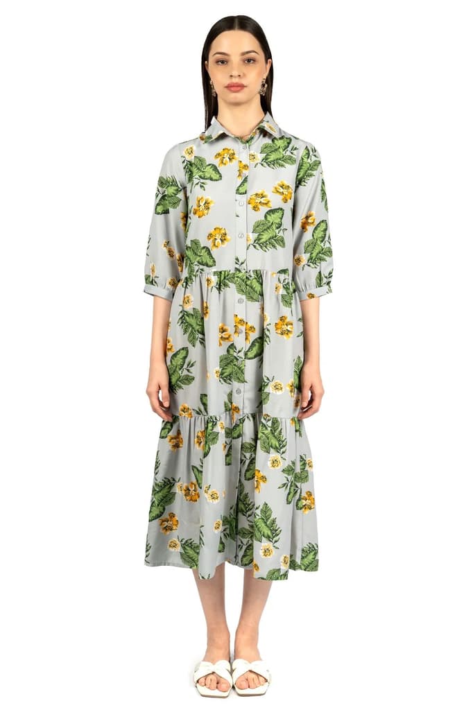 Grey & Green Floral Loose Midi Dress — photo 5