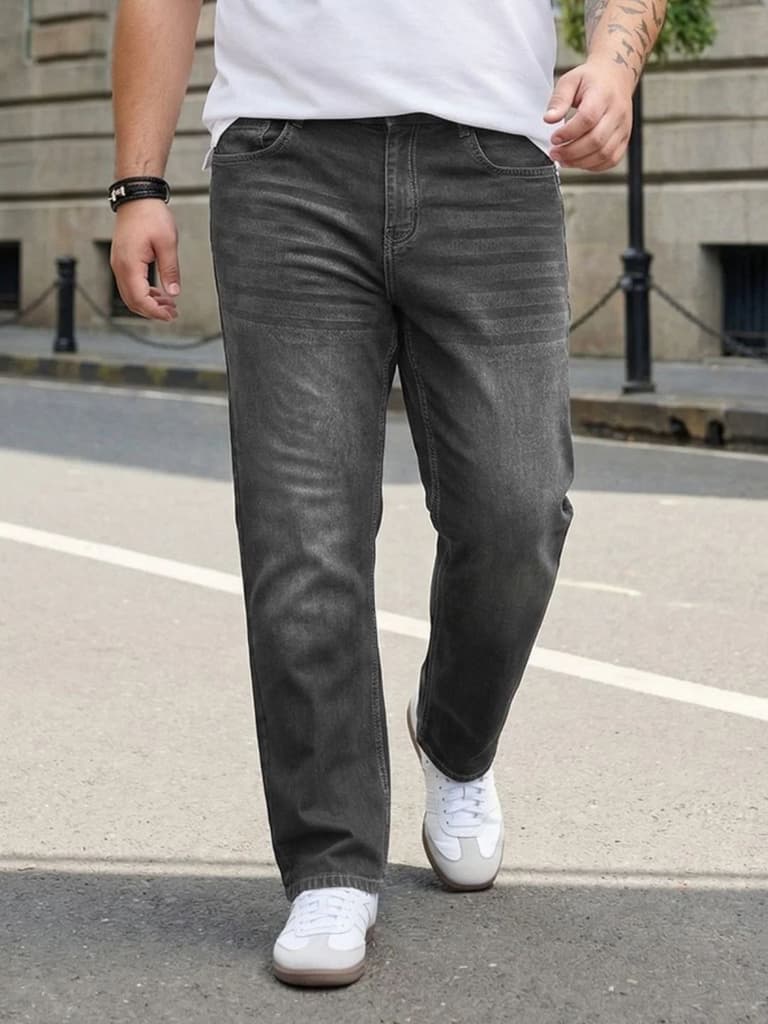 Plus Men's Grey Relaxed Fit Washed Denim Jeans Non-Stretchable — 36 / Grey
