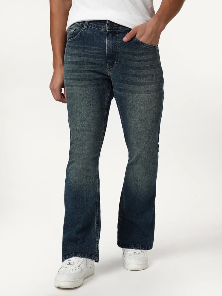 Men's Light Blue Bootcut Fit Mid Rise Heavy Washed Jeans Stretchable — photo 2