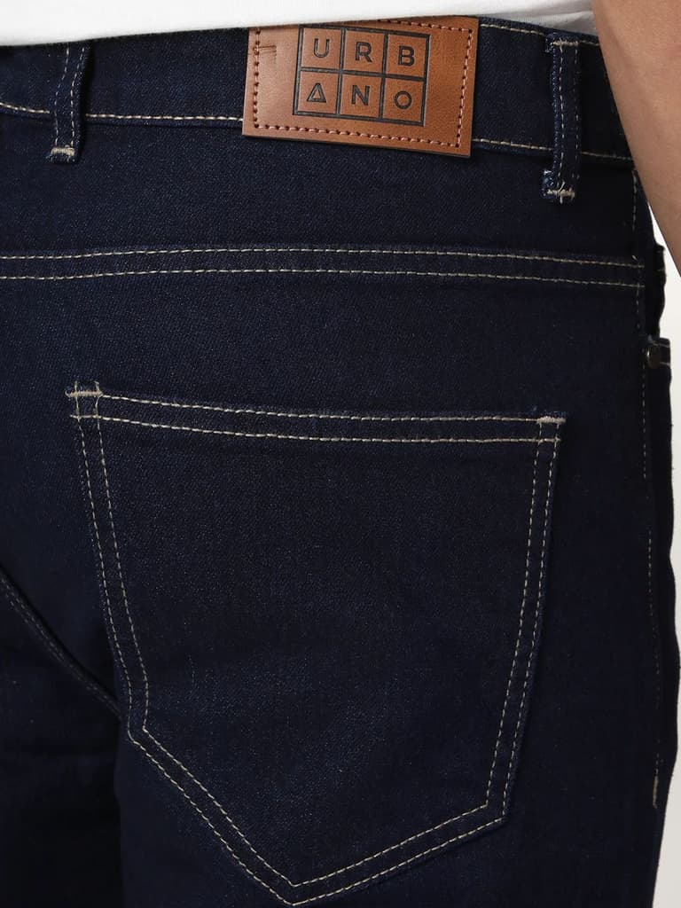 Men's Dark Blue Straight Fit Raw Washed Denim Jeans Stretchable — photo 7