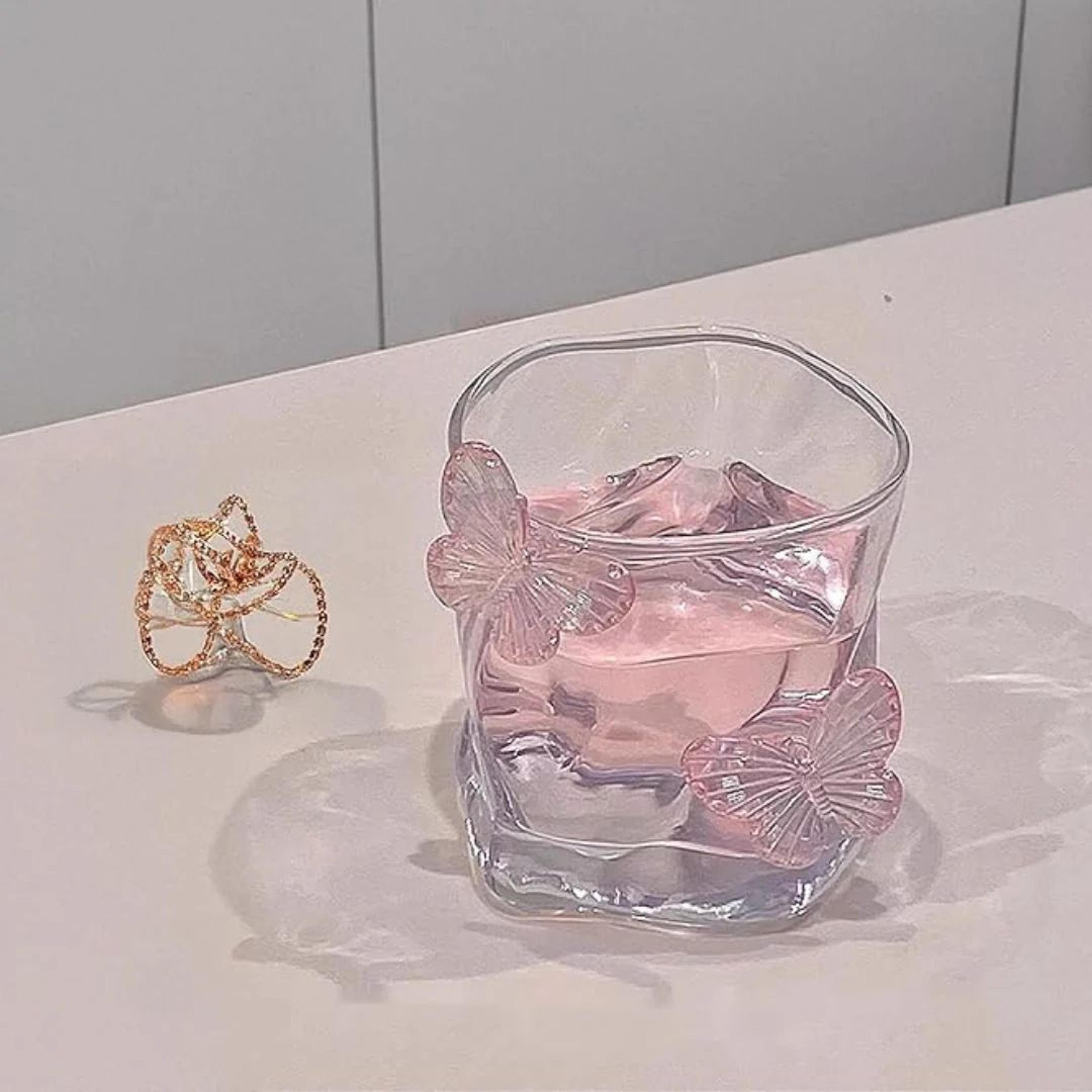Aesthetic Butterfly Glass Cup – 3D Butterfly Embellished Drinking Glass