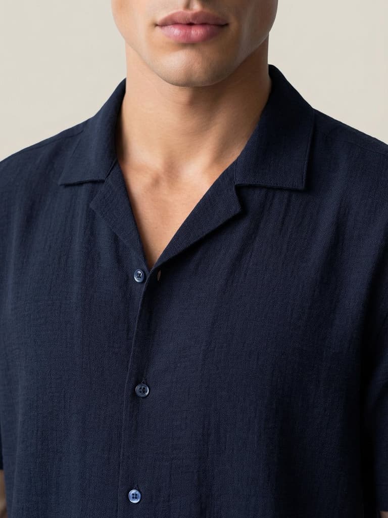 Men's Navy Cotton Half Sleeve Relaxed Fit Textured Shirt with Cuban Collar — photo 5