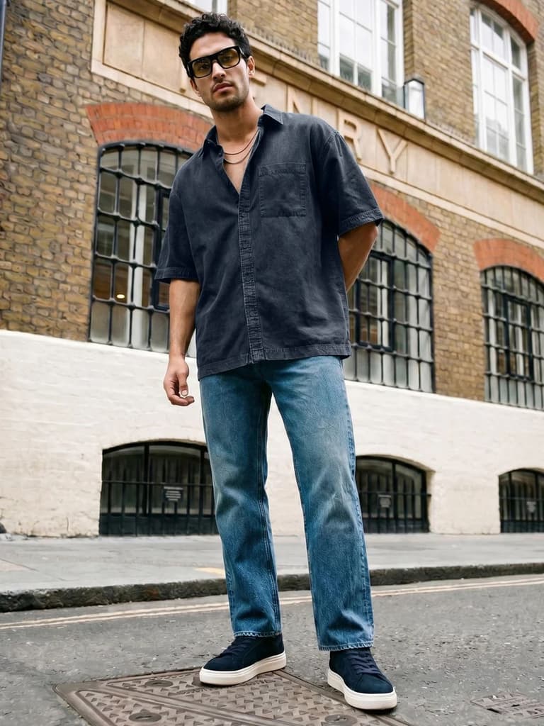 Men's Dark Blue Oversized Fit Half Sleeve Solid Casual Denim Shirt — photo 4