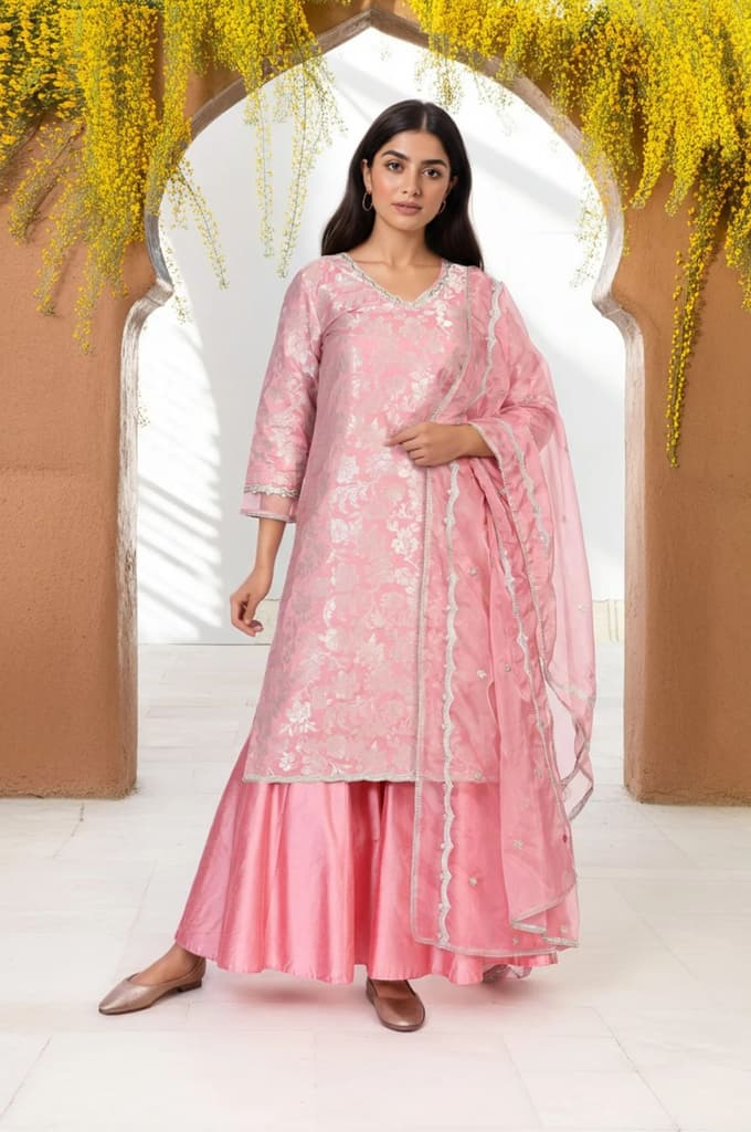 Pink Zari Jacquard Straight Kurta with Sharara and Dupatta Set — photo 2
