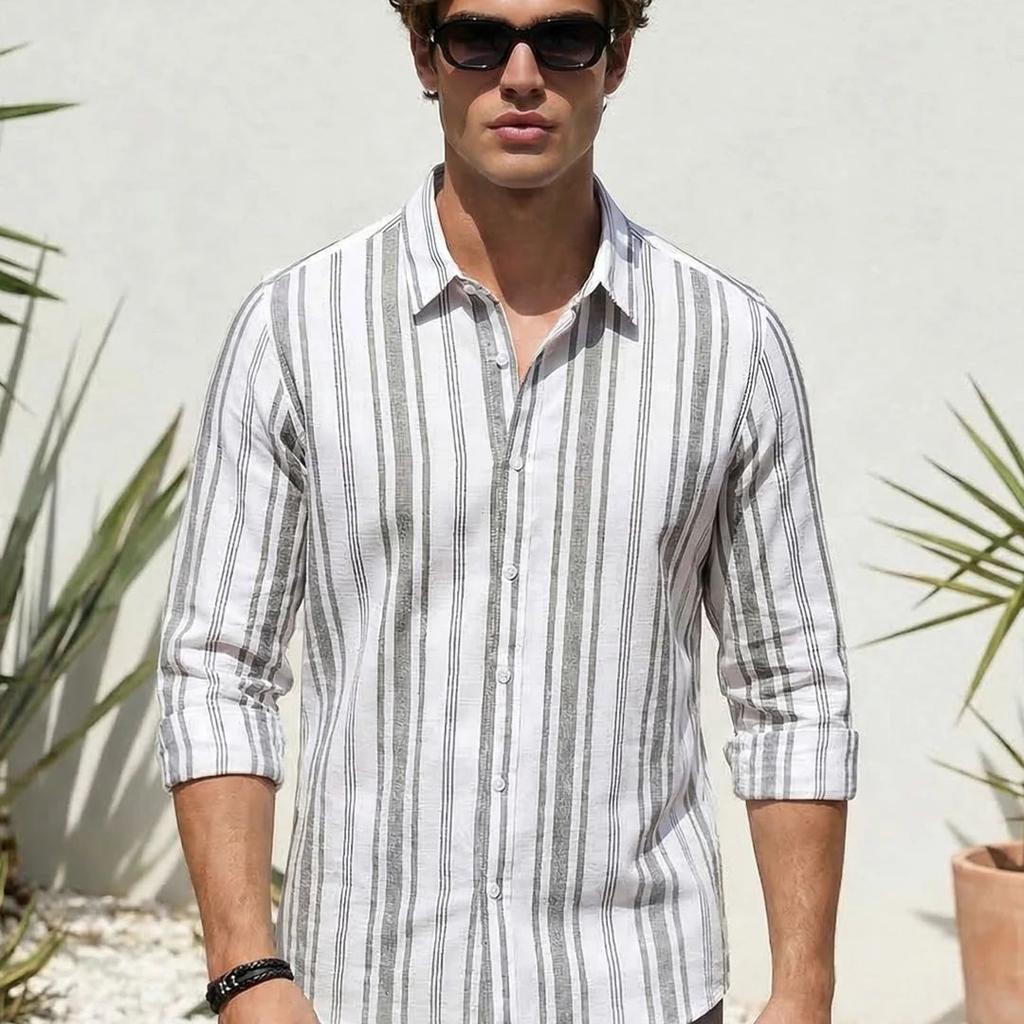 Men's Grey Cotton Full Sleeve Relaxed Fit Linen Striped Shirt with Spread Collar
