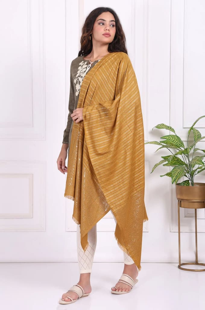 Cream Striped Sequined Shawl Acrylic Stole — photo 2