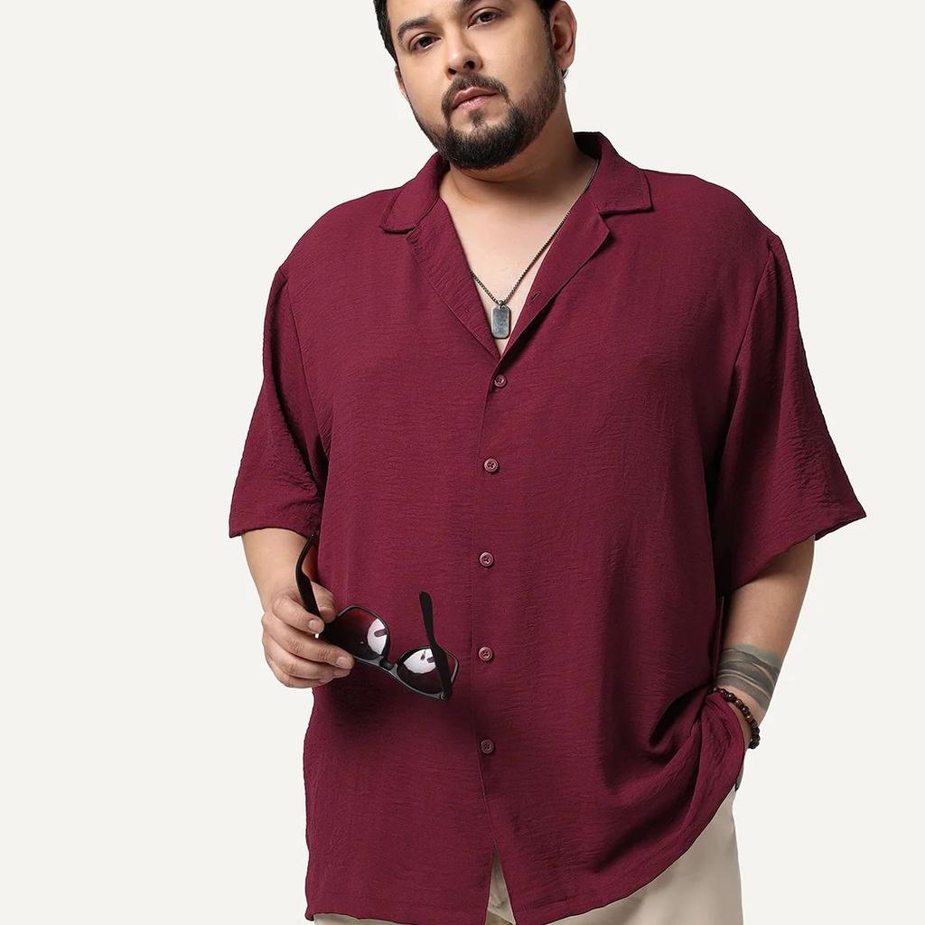 Plus Men's Red Cotton Half Sleeve Relaxed Fit Textured Shirt with Cuban Collar