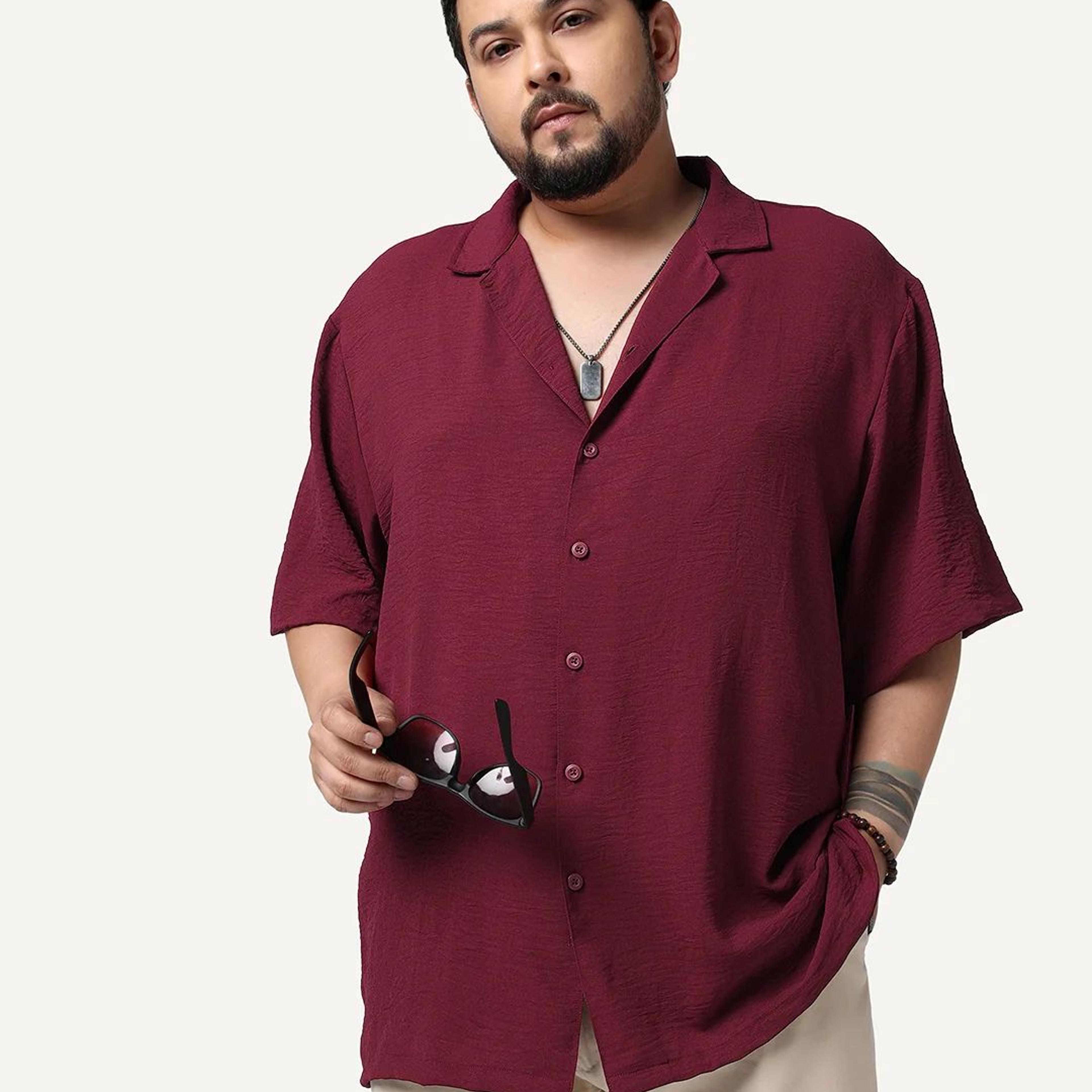 Plus Men's Red Cotton Half Sleeve Relaxed Fit Textured Shirt with Cuban Collar