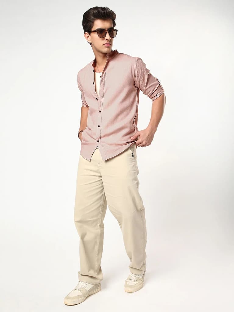 Men's Dusty Pink Linen Blend Full Sleeve Relaxed Fit Mandarin Collar Casual Solid Shirt — photo 4