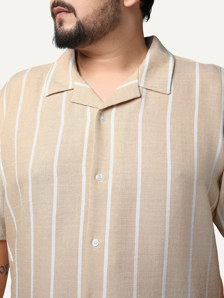 Plus Men's Beige Cotton Half Sleeve Relaxed Fit Linen Striped Shirt with Cuban Collar — photo 5