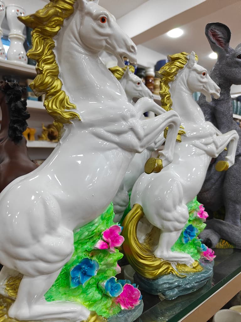 White Horse Statue | Ceramic | Gold Trim | Decorative