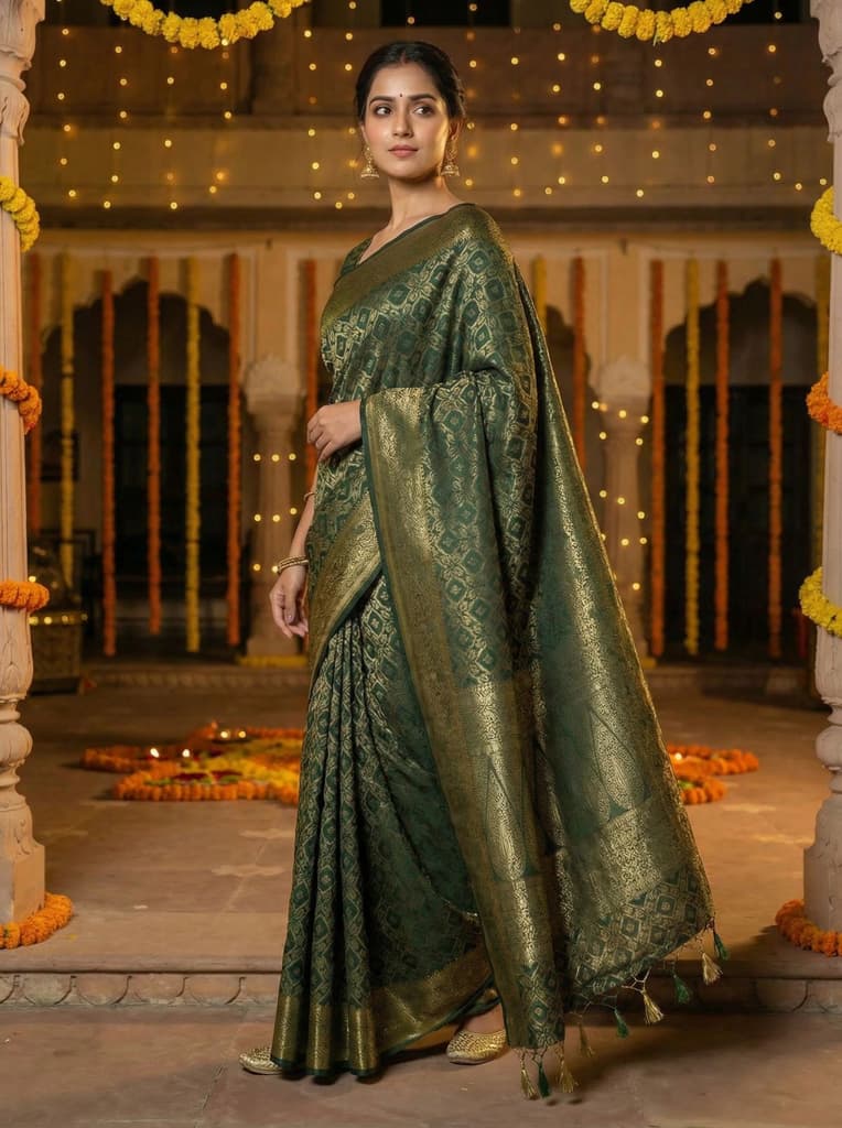 MIMOSA Women's Woven Design Banarasi Style Raw Silk Saree with Blouse Piece - Green ( SA00003131GRNFREE ) — photo 3