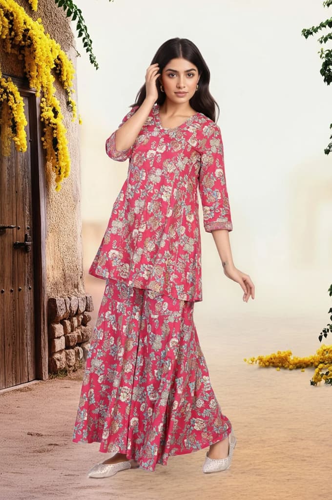 Pink Floral Printed Lace Trim Flared Rayon Kurta with Sharara and Dupatta Set — photo 6