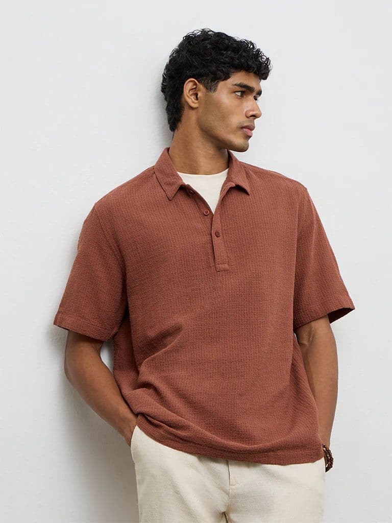 ETA Rust Textured Relaxed-Fit Cotton Polo T-Shirt — photo 3
