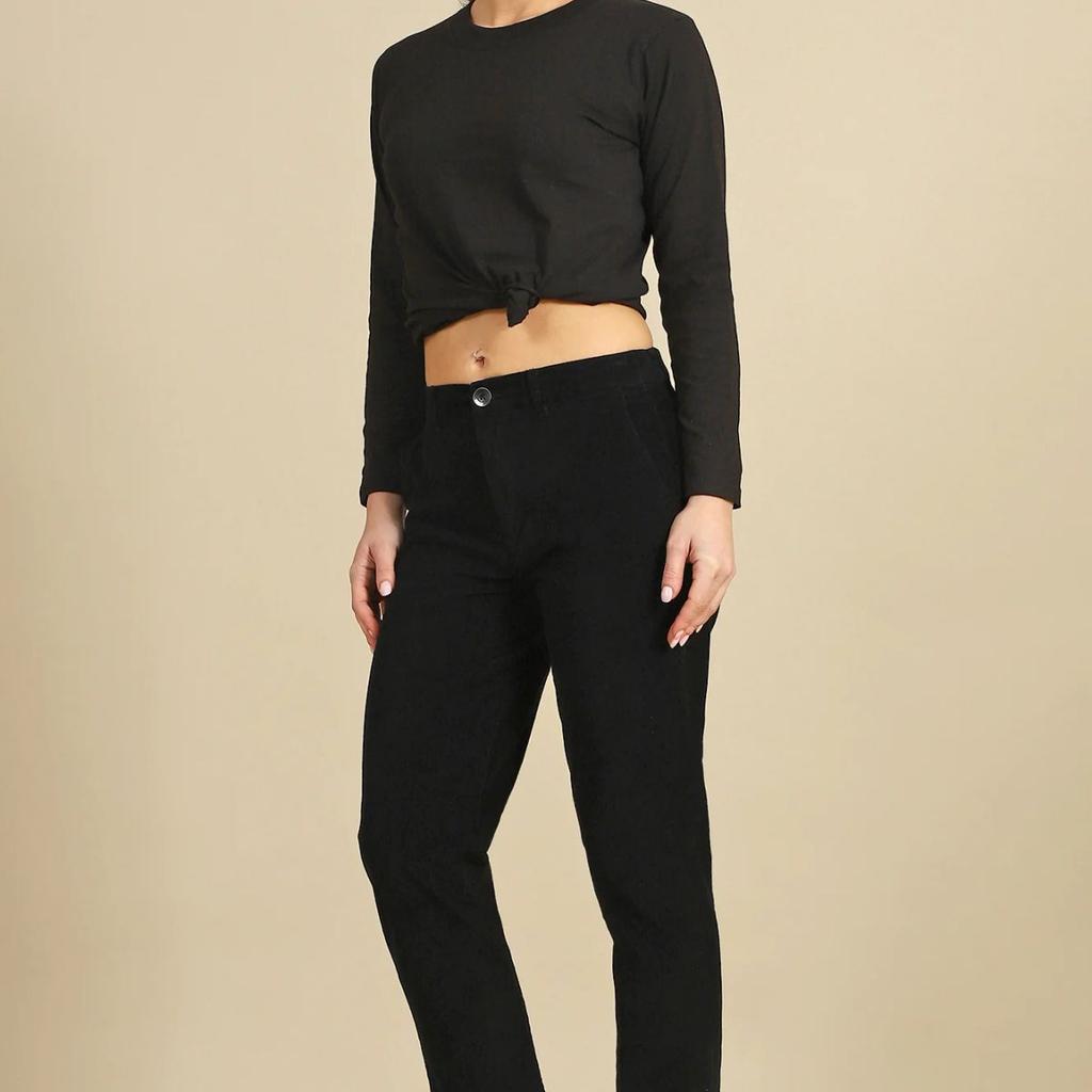 Black Solid Straight Fit Cotton Pants with YKK Zipper