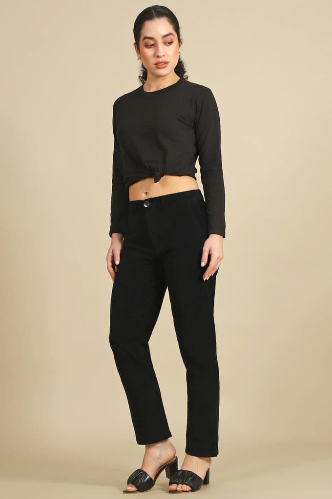 Black Solid Straight Fit Cotton Pants with YKK Zipper