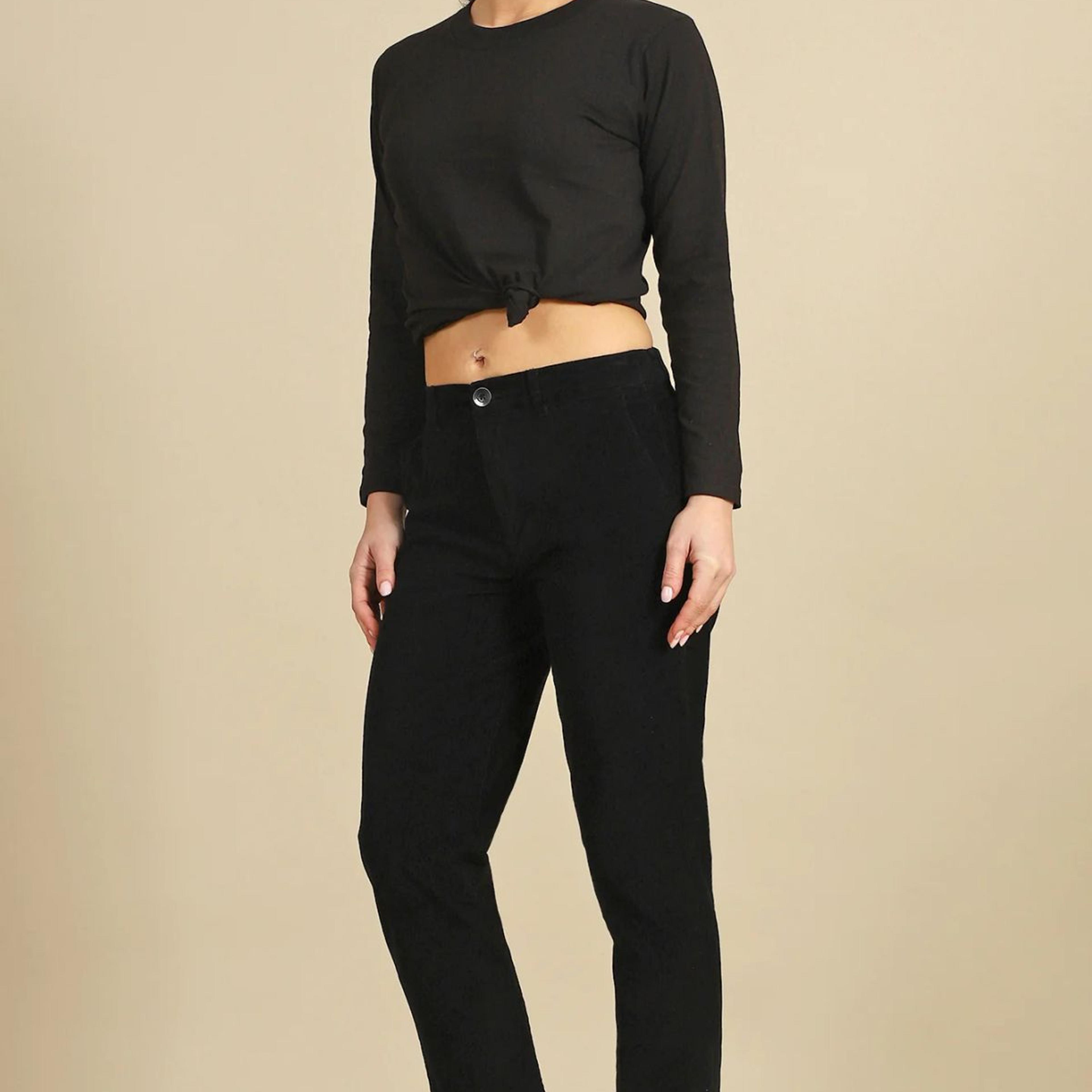 Black Solid Straight Fit Cotton Pants with YKK Zipper
