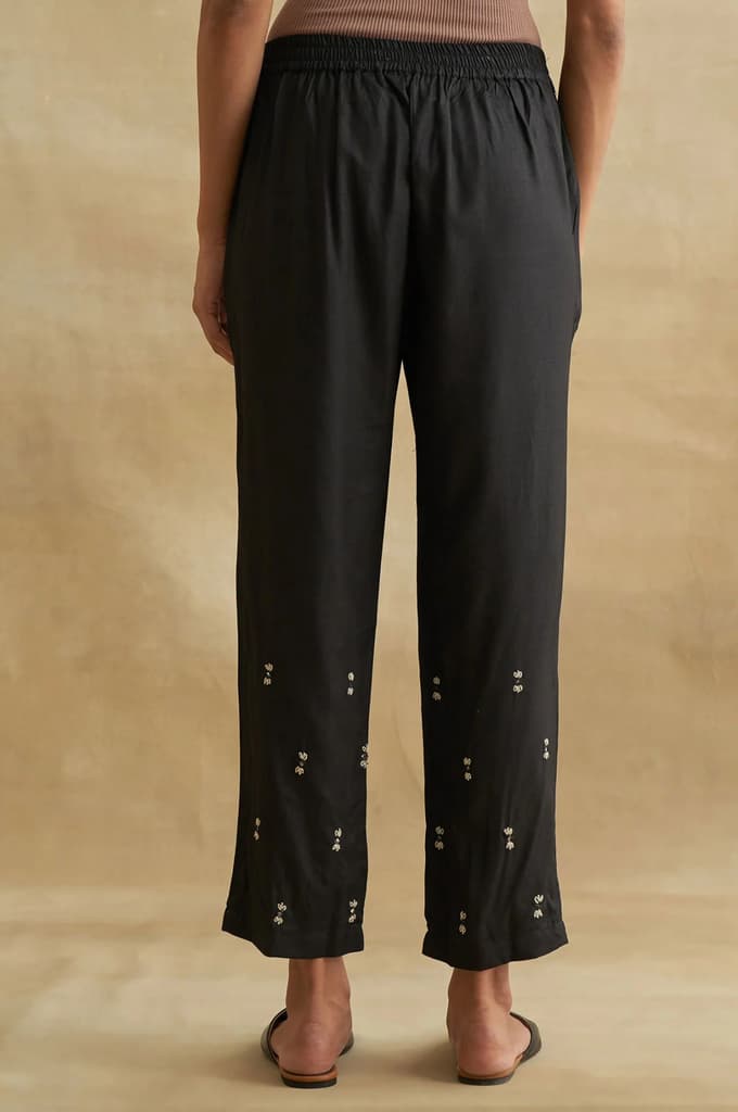 Black Thread Embroidered Silk Tussar Straight Pants — photo 2