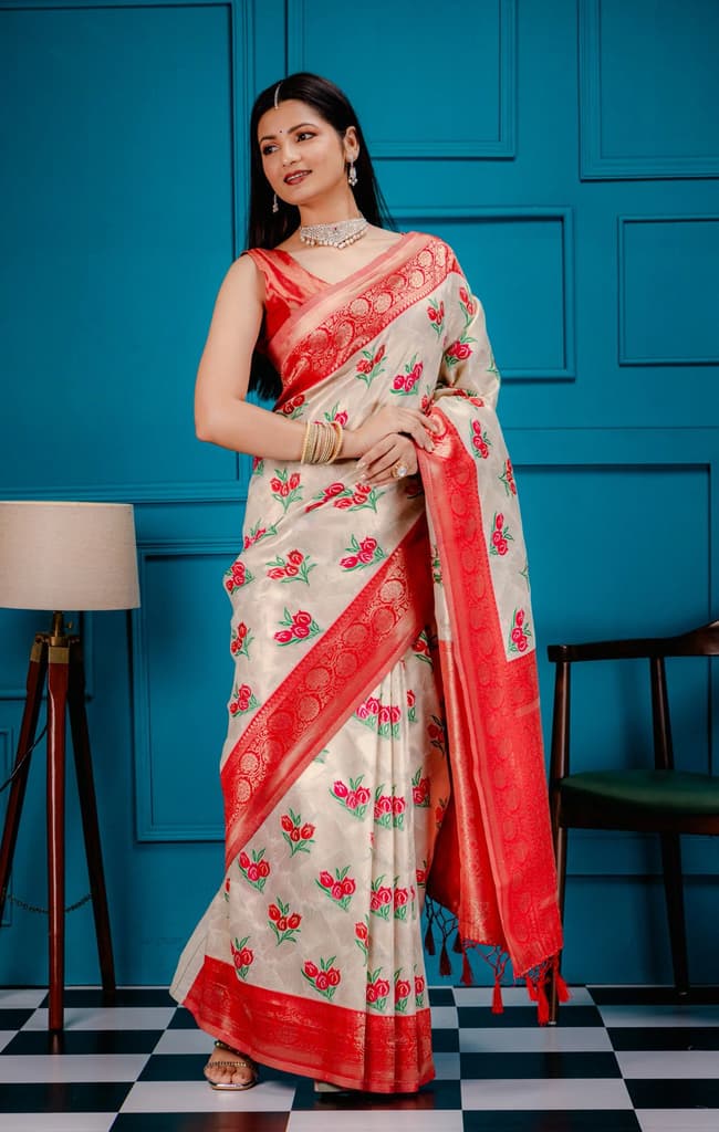 Mimosa Women's Woven Design Banarasi Style Art Silk Saree With Blouse Piece : SA00001606HWFREE — Halfwhite