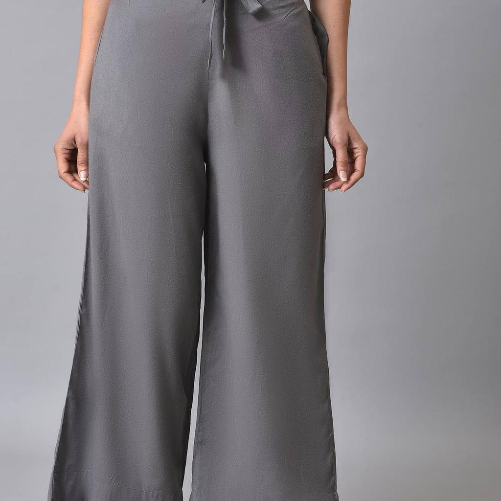 Grey Solid Flared Cotton Palazzo With Elasticated Waist